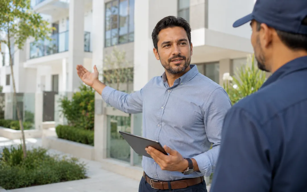 Property manager with a tablet talking to a maintenance worker outside