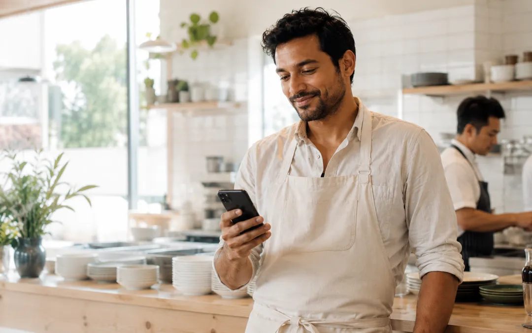 Chef checking a phone at the kitchen pass