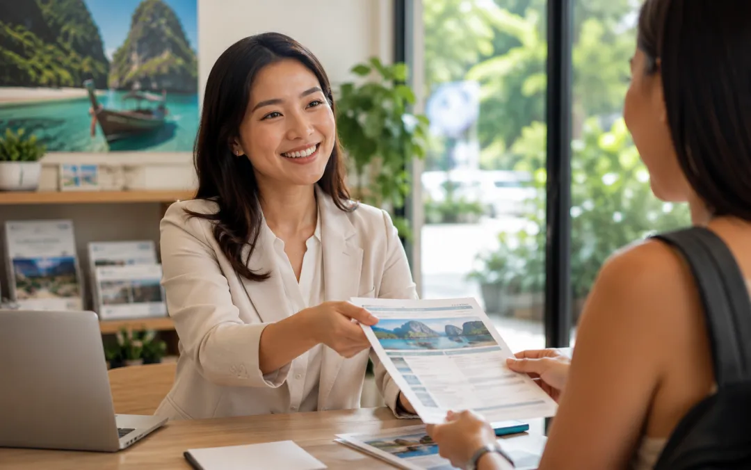 Travel agent handing an itinerary to a customer at her desk